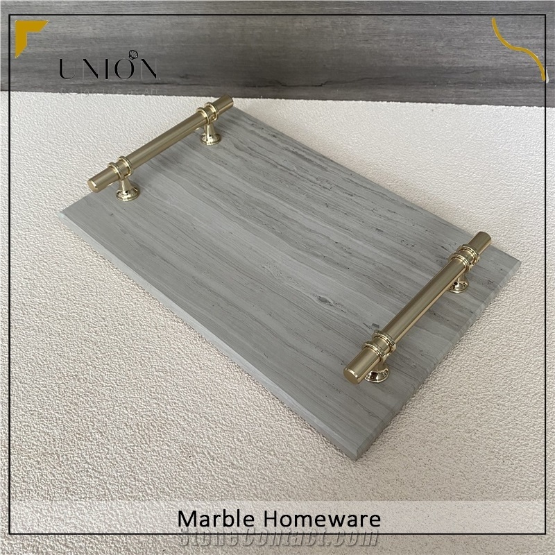 Rectangular Marble Fruit Tray Beige Tray With Golden Handle
