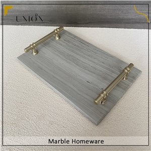 Rectangular Marble Fruit Tray Beige Tray With Golden Handle