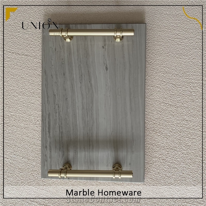 Rectangular Marble Fruit Tray Beige Tray With Golden Handle