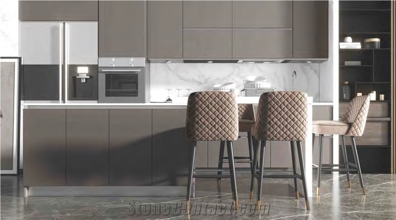 KHAKI GOLD PURE COLOR SINTERED STONE PANEL KITCHEN Cabinet Design