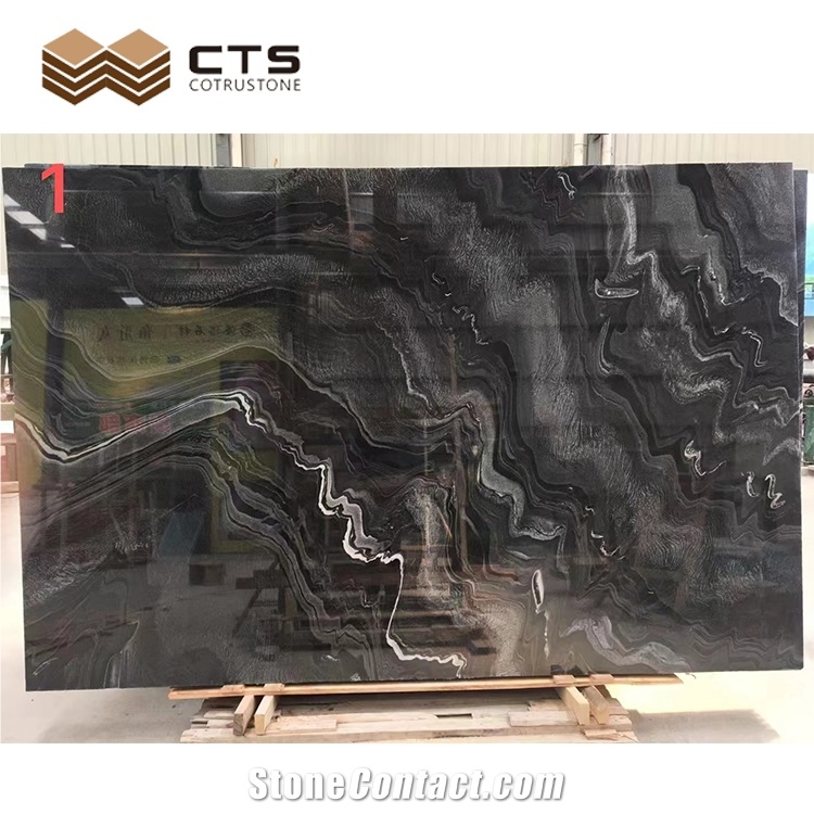 Marble Slabs Tesla Gray Black Wooden Cloud Veins Polished