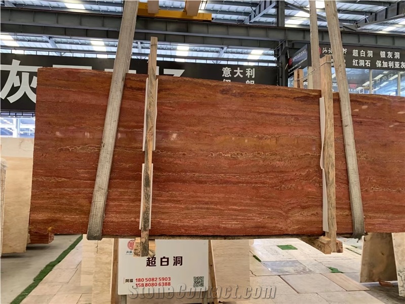 On Sale Ornament Polished Red Travertine Big Slab