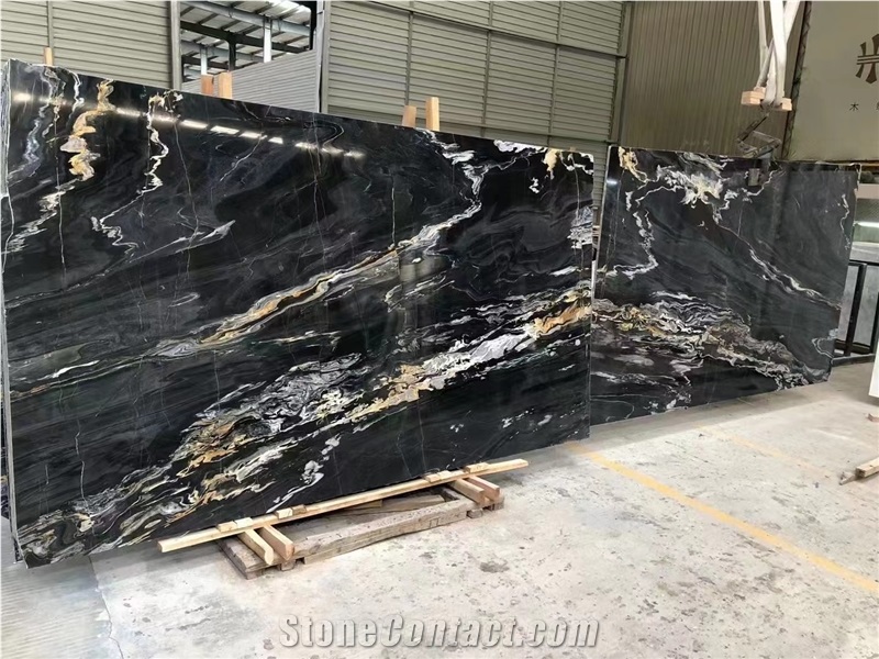 Italy Black Marble With Gold Line Polish Slab