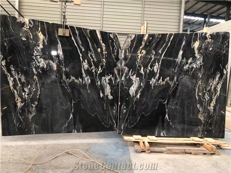 Italy Black Marble With Gold Line Polish Slab