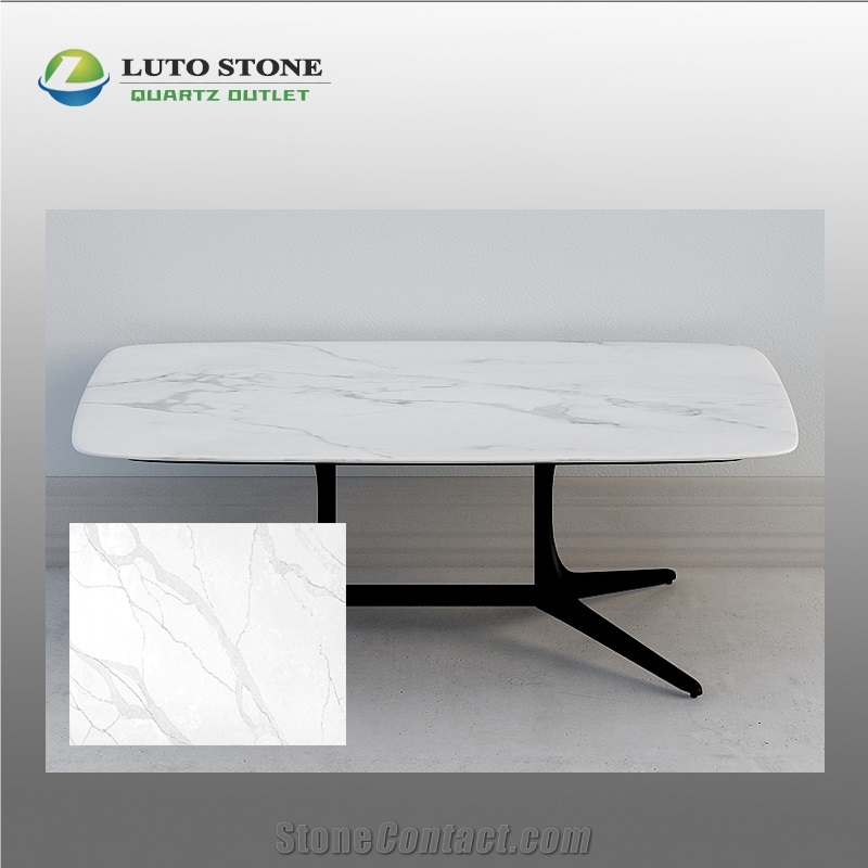Snow White Calacatta  Quartz Table Tops Customized Cararra