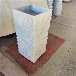 Carved Stone Pedestal Wash Basin Carrara Marble Square Sink
