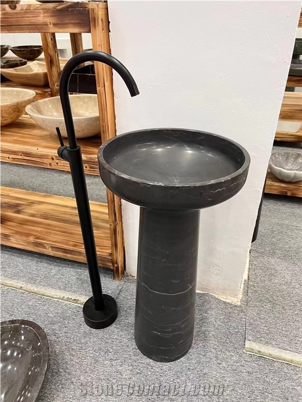 Solid Marble Pedestal Wash Basin Stone Dark Green Round Sink