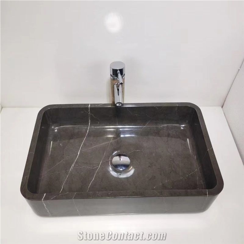 Solid Marble Pedestal Wash Basin Stone Gray Wood Round Sink