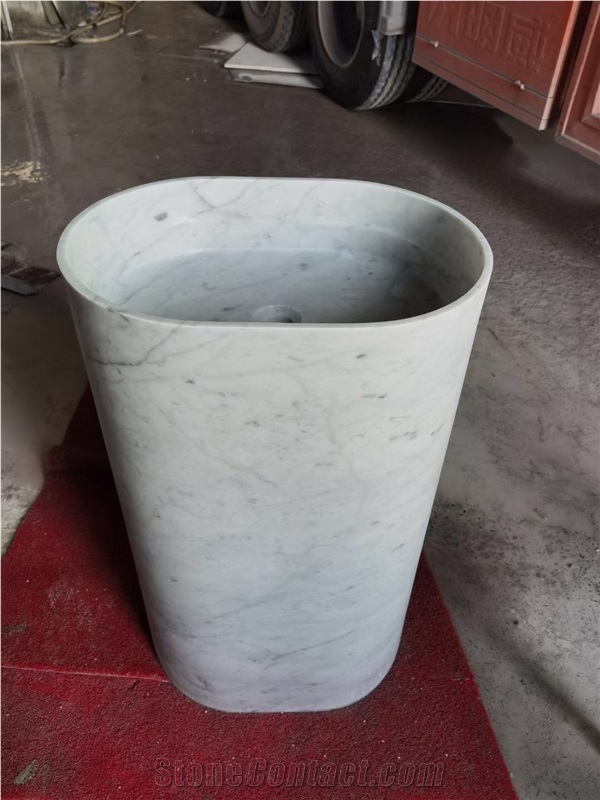 Solid Marble Pedestal Wash Basin Stone Gray Wood Round Sink
