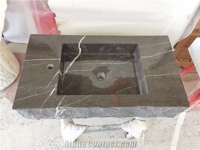 Solid Marble Pedestal Wash Basin Stone Gray Wood Round Sink