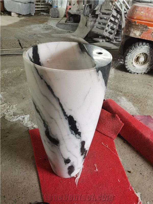 Solid Stone Bathroom Round Sink Marble Panda Pedestal Basin