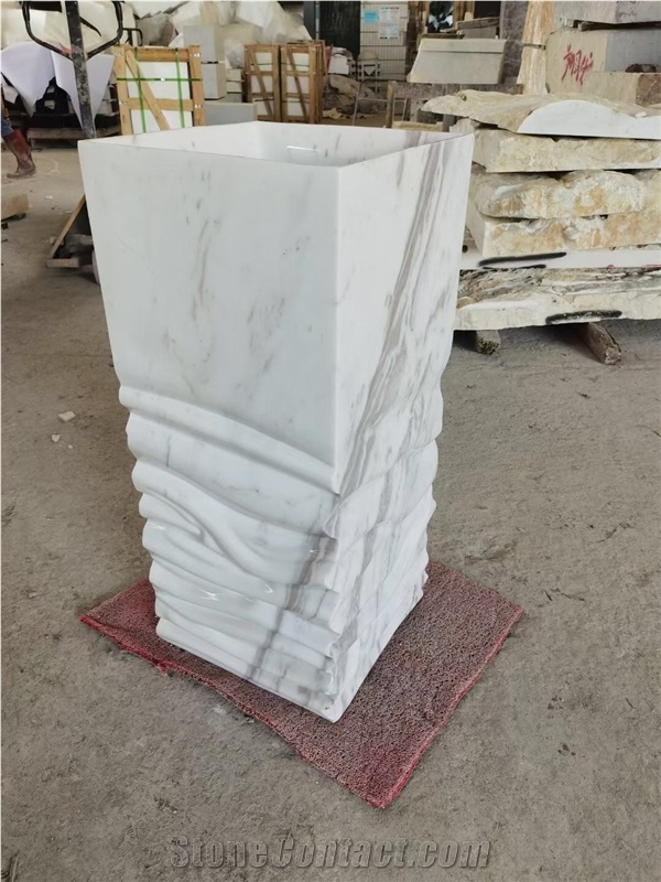 Solid Stone Bathroom Round Sink Marble Panda Pedestal Basin