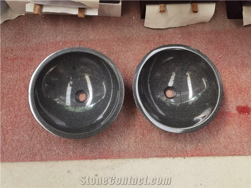 Solid Stone Carved Sink Granite Absolute Black Round Basin