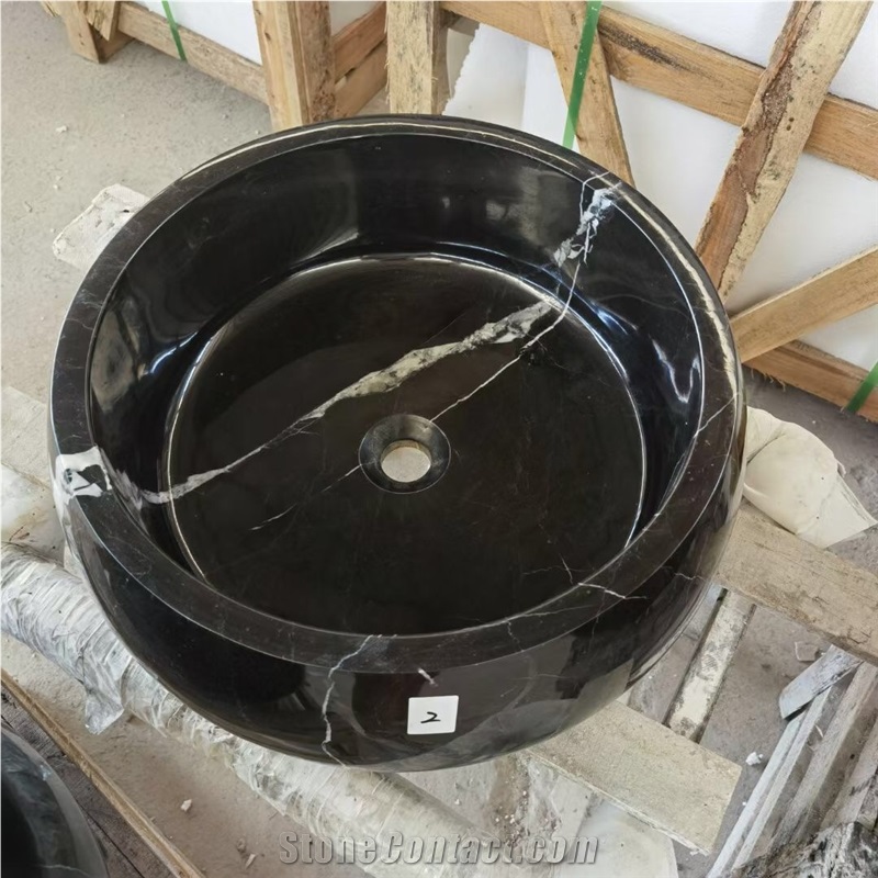 Solid Stone Carved Sink Granite Absolute Black Round Basin