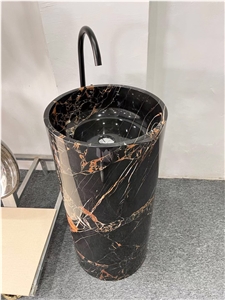 Solid Stone Pedestal Wash Basin Marble Black Gold Bath Sink