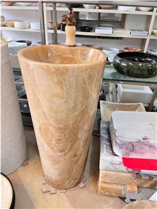 Solid Stone Pedestal Wash Basin Orange Onyx Oval Bath Sink
