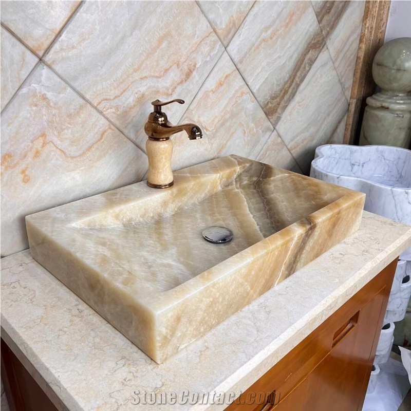 Solid Stone Vessel Bathroom Sink Brown Onyx Wash Basin