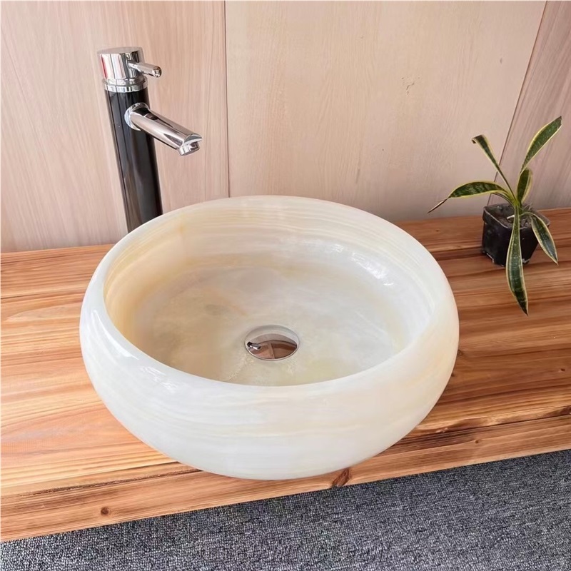 Stone Interior Bath Round Sink Ivory Onyx Counter Wash Basin