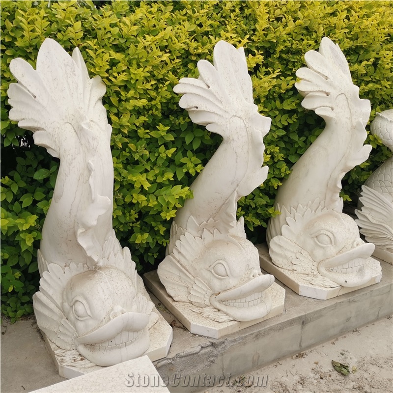 White Marble Custom Made Dragon Fish Sculpture