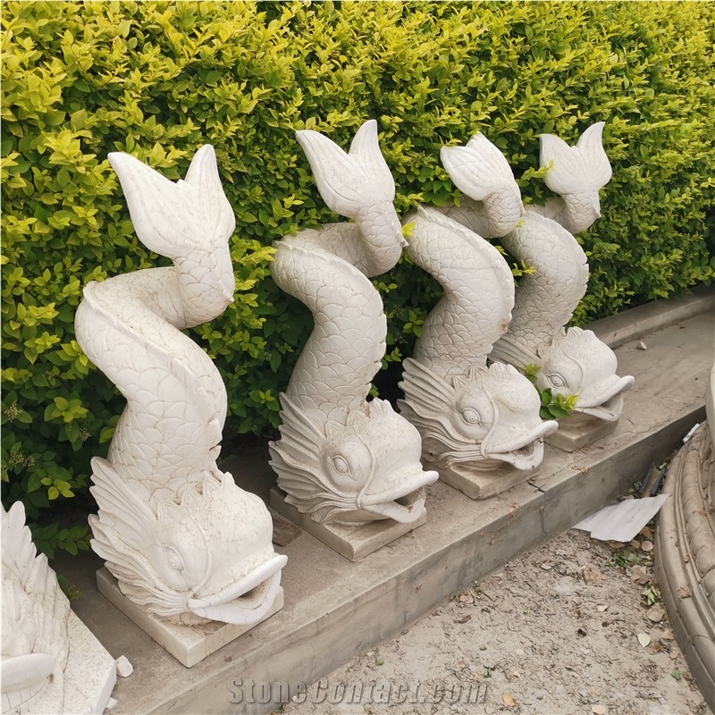 White Marble Custom Made Dragon Fish Sculpture