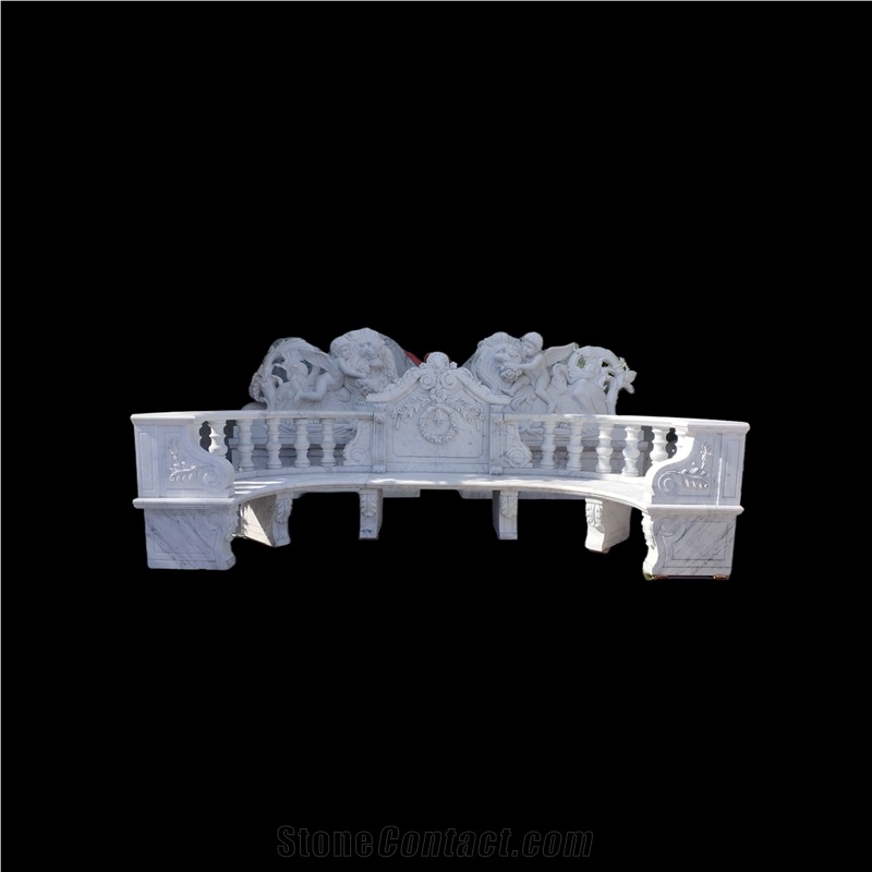 White Marble Long Curved Carving Garden Bench