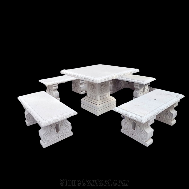 White Marble With Grey Vein Table With Seats For Garden