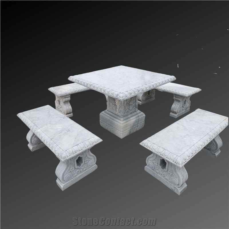White Marble With Grey Vein Table With Seats For Garden