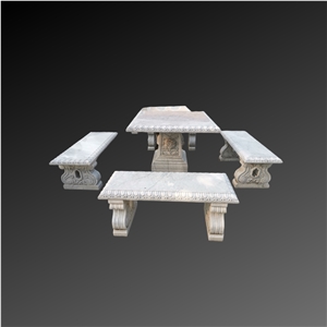 White Marble With Grey Vein Table With Seats For Garden