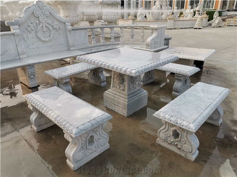 White Marble With Grey Vein Table With Seats For Garden