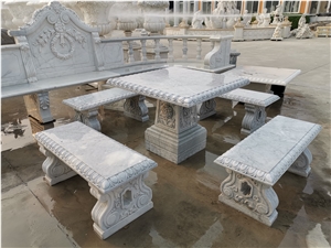 White Marble With Grey Vein Table With Seats For Garden