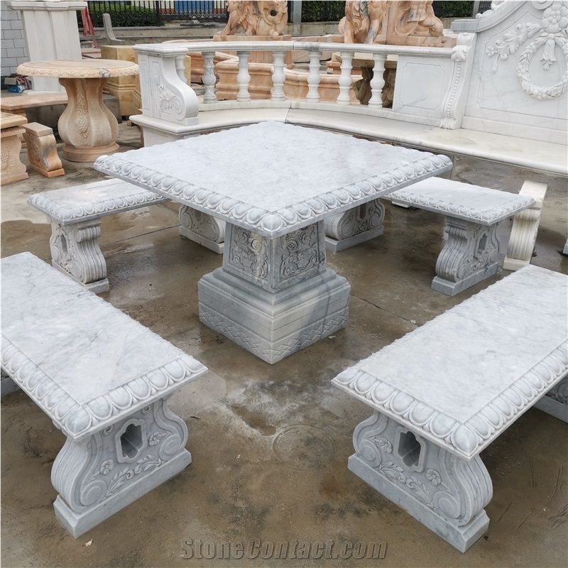 White Marble With Grey Vein Table With Seats For Garden