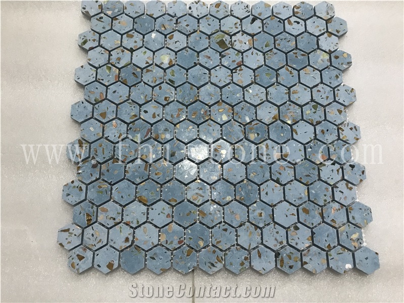 Blue Terrazzo 1 Inch Hexagon Mosaic Cement Mosaic Floor Tile