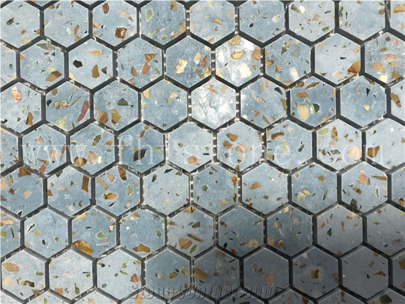 Blue Terrazzo 1 Inch Hexagon Mosaic Cement Mosaic Floor Tile