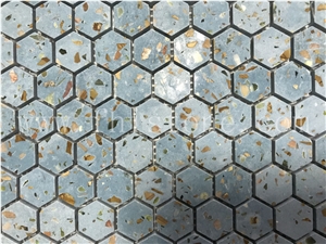 Blue Terrazzo 1 Inch Hexagon Mosaic Cement Mosaic Floor Tile
