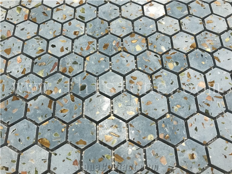 Blue Terrazzo 1 Inch Hexagon Mosaic Cement Mosaic Floor Tile