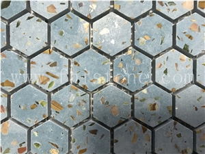 Blue Terrazzo 1 Inch Hexagon Mosaic Cement Mosaic Floor Tile