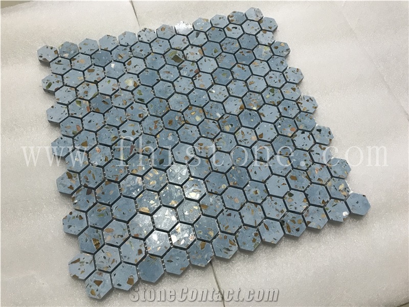 Blue Terrazzo 1 Inch Hexagon Mosaic Cement Mosaic Floor Tile