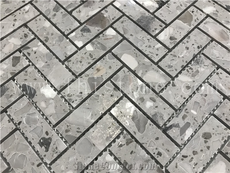 Grey Terrazzo Mosaic Cement Tile Mosaic Floor Herringbone