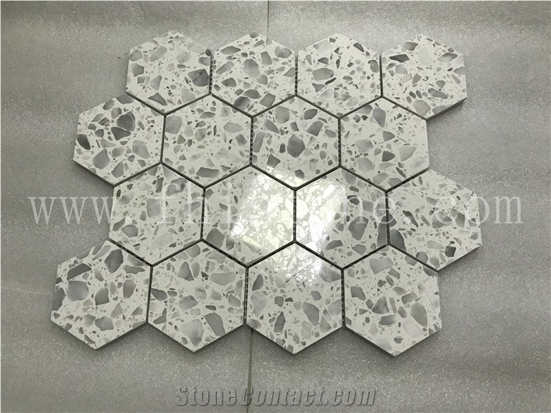 White Terrazzo Mosaic Cement Mosaic Floor Hexagon Mosaic
