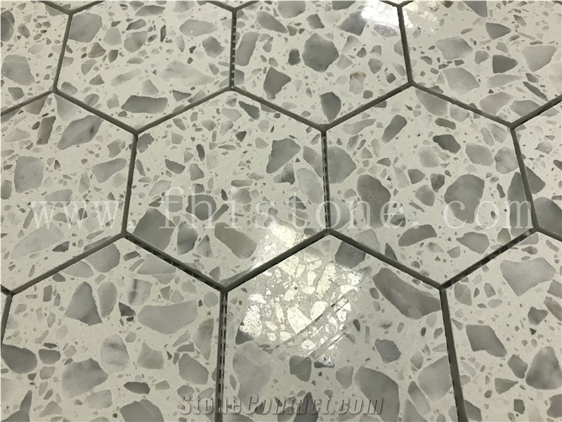 White Terrazzo Mosaic Cement Mosaic Floor Hexagon Mosaic