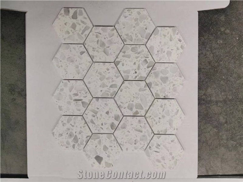 China White Terrazzo Mosaic Big Hexagon Bathroom