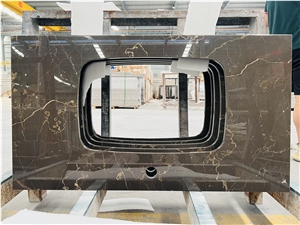 Brown Fantasy Vanity Top Sink Prefab Gold Hotel Bathroom