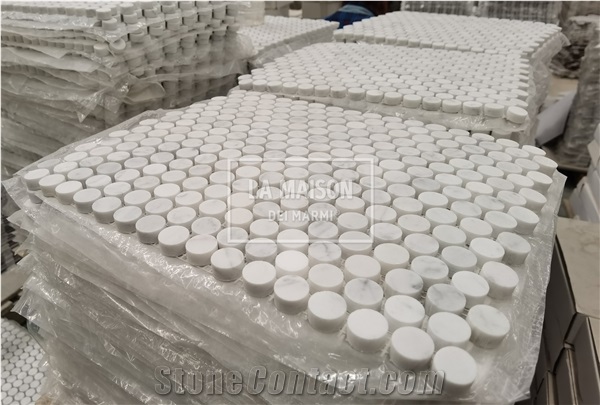 Calacatta White Polished Penny Round Marble Mosaic Tile