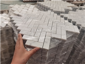 Carrara White Polished Marble Herringbone Mosaic Tile