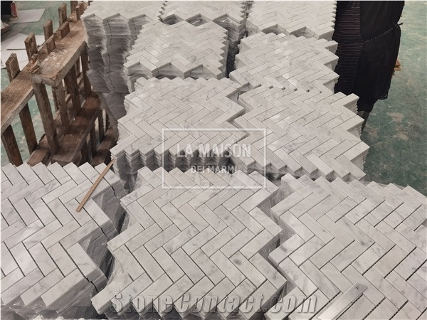 Carrara White Polished Marble Herringbone Mosaic Tile