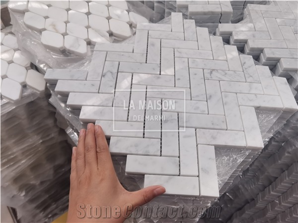 Carrara White Polished Marble Herringbone Mosaic Tile