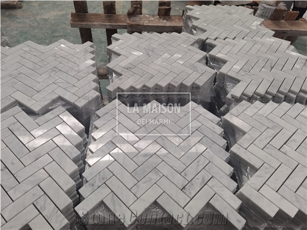Carrara White Polished Marble Herringbone Mosaic Tile