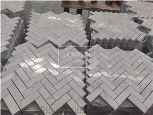 Carrara White Polished Marble Herringbone Mosaic Tile