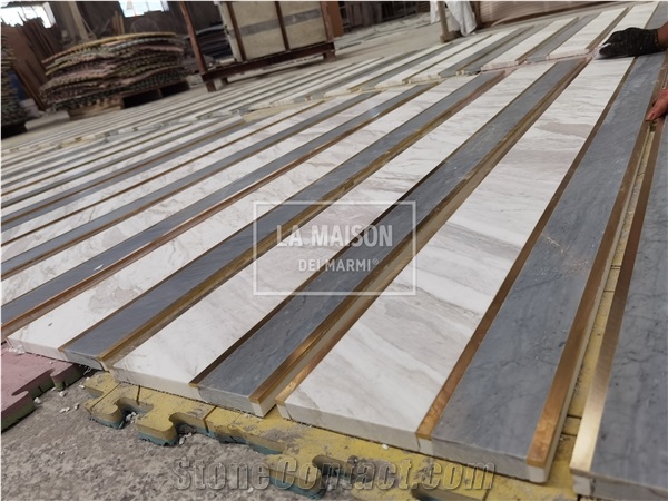 Grey&White Natural Marble Inlay Brass Floor Border Decor