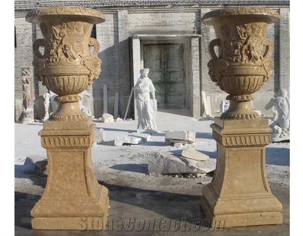 Beige Limestone Children Statue Flower Planters